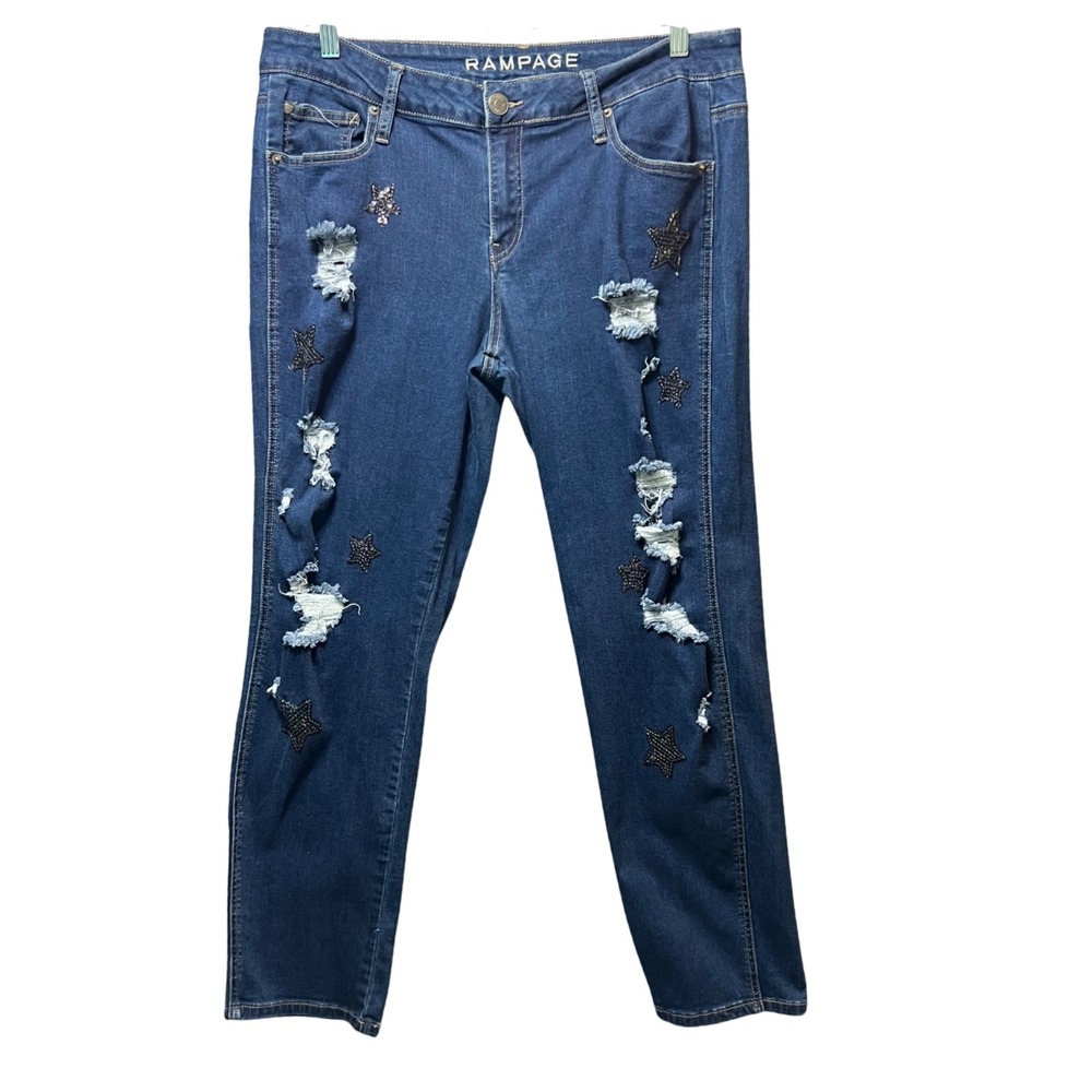 Rampage Girlfriend Jeans Sophie Mid Rise 17 Distressed‎ Star Embellished